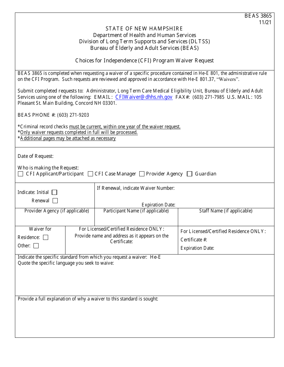 Form BEAS3865 Choices for Independence (Cfi) Program Waiver Request - New Hampshire, Page 1