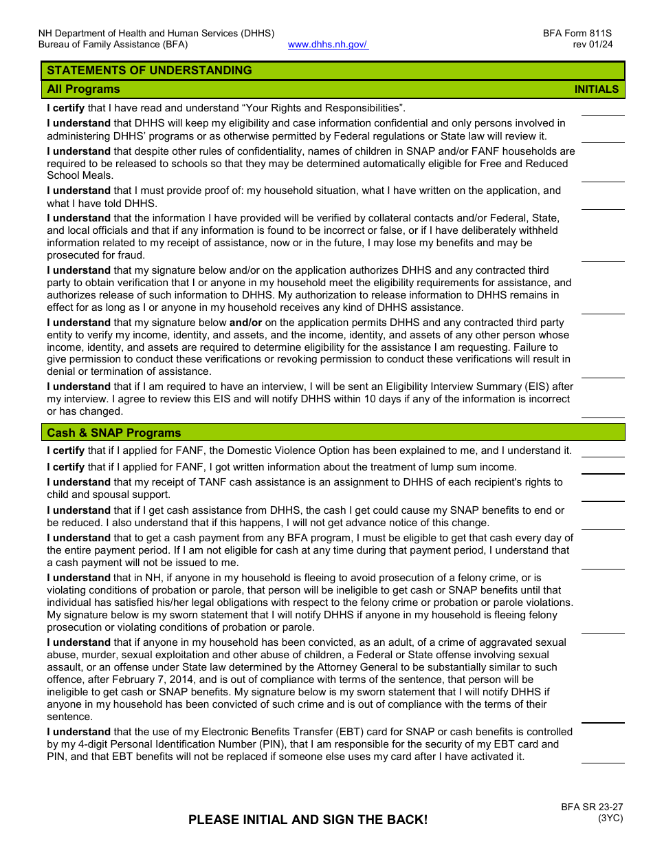 BFA Form 811S Statements of Understanding - New Hampshire, Page 1