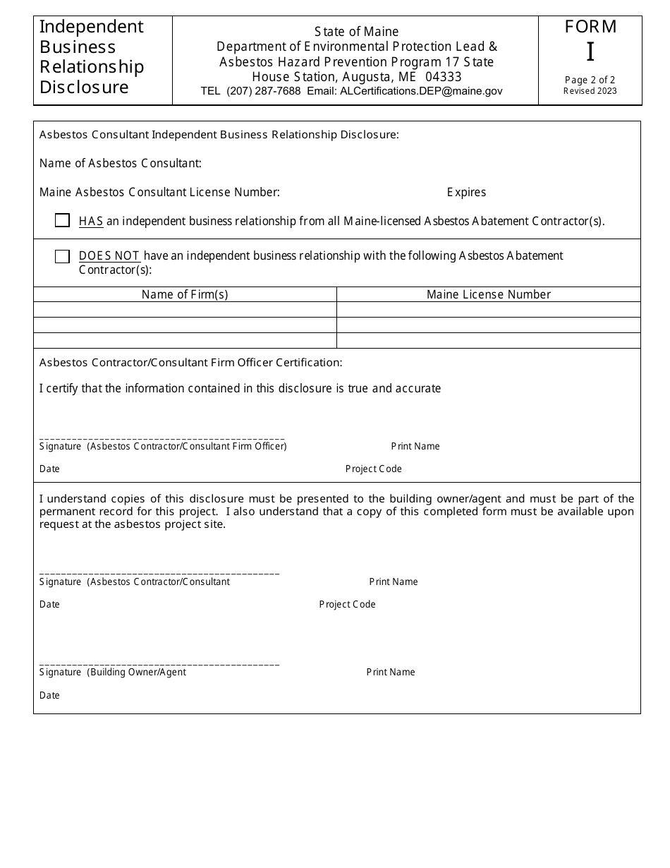 Form I Asbestos Independent Business Relationship Disclosure - Maine, Page 2