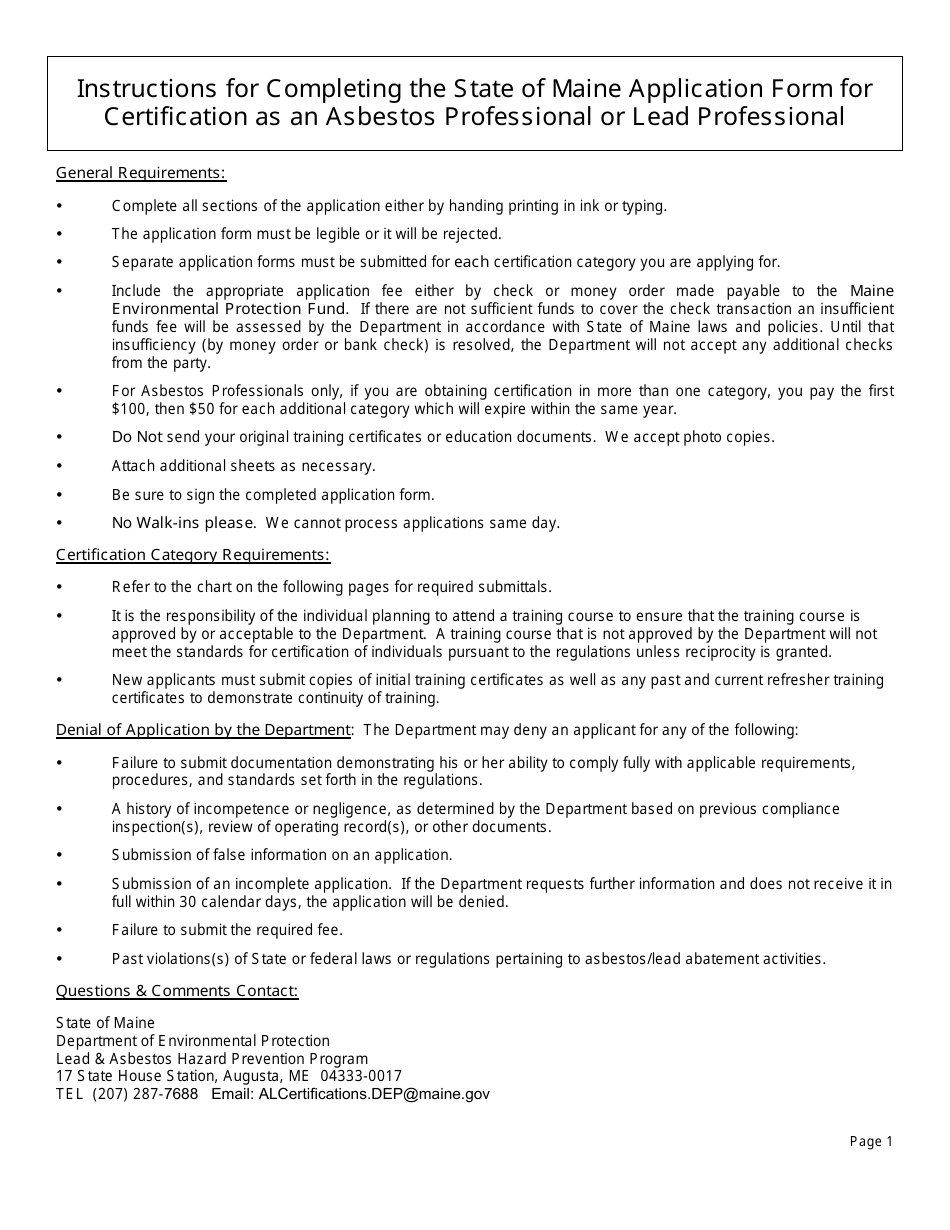 Application Form for Asbestos Professional / Lead Professional Certification - Maine, Page 1