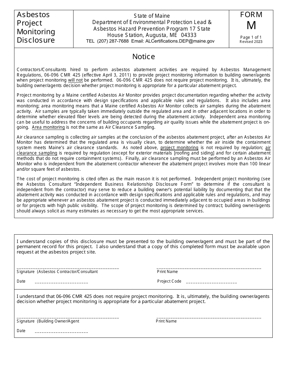 Form M Asbestos Project Monitoring Disclosure - Maine, Page 1