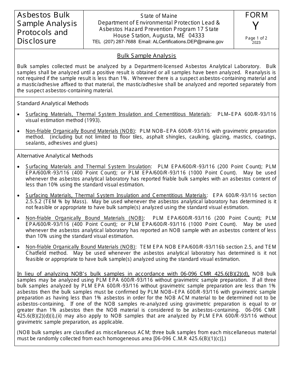 Form Y Asbestos Bulk Sample Analysis Protocols and Disclosure - Maine, Page 1