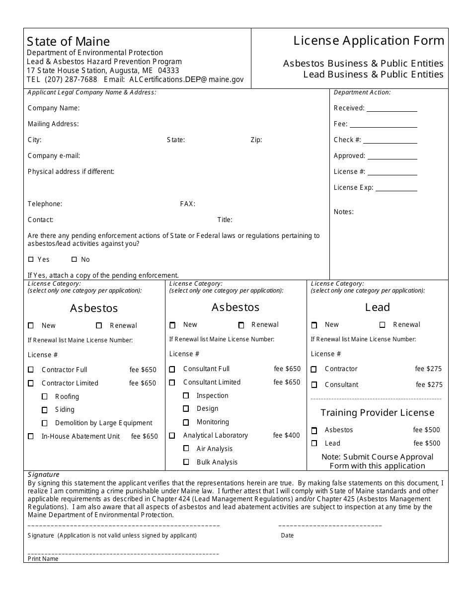 Maine License Application Form - Asbestos/Lead Business & Public ...