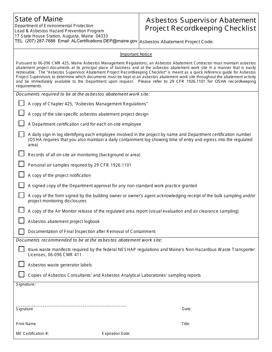 Asbestos Supervisor Abatement Project Recordkeeping Checklist - Maine, Page 1