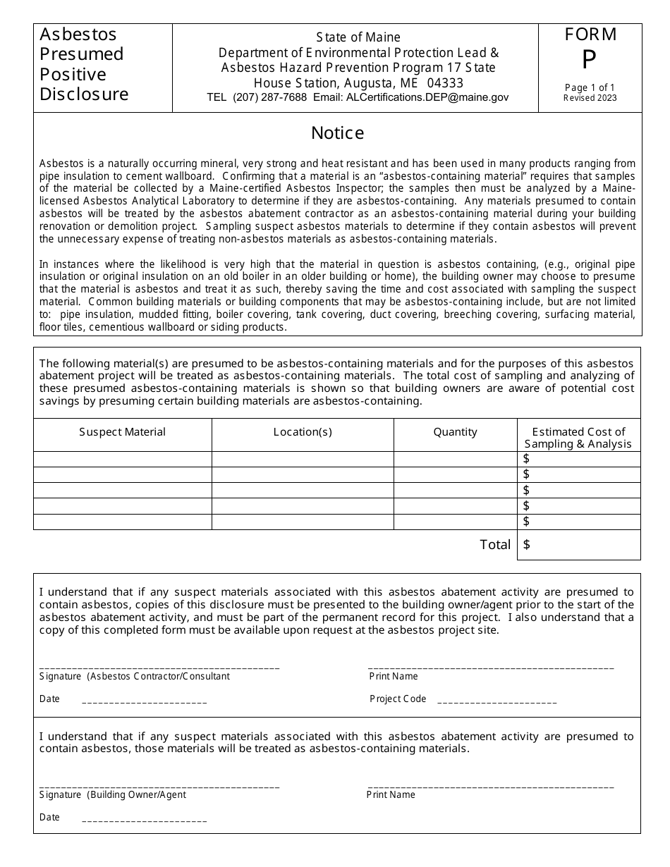 Form P Asbestos Presumed Positive Disclosure - Maine, Page 1