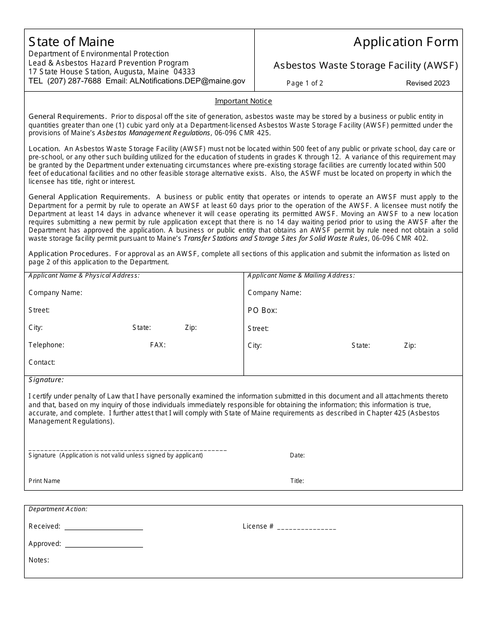 Asbestos Waste Storage Facility (Awsf) Application Form - Maine, Page 1