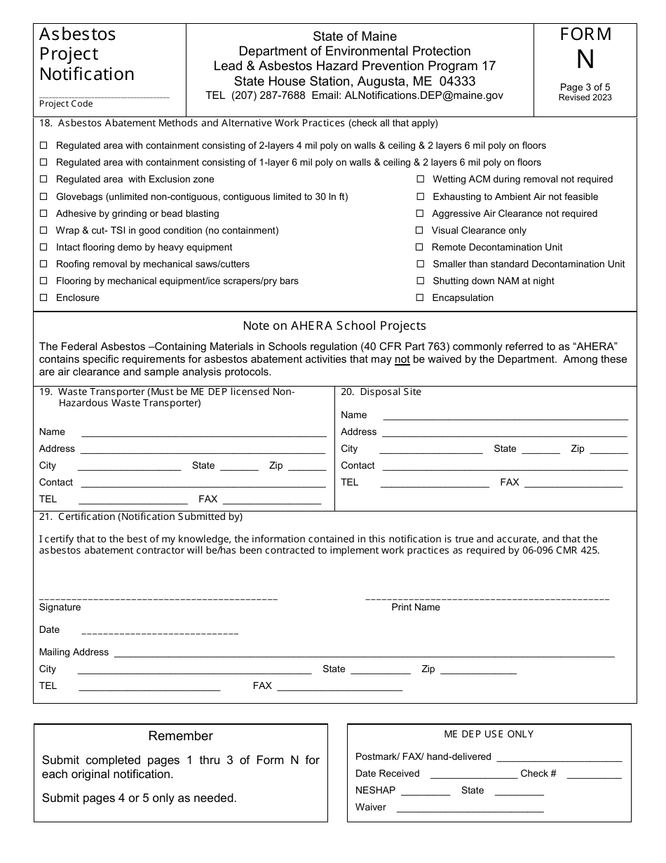 Form N Asbestos Project Notification - Maine, Page 3