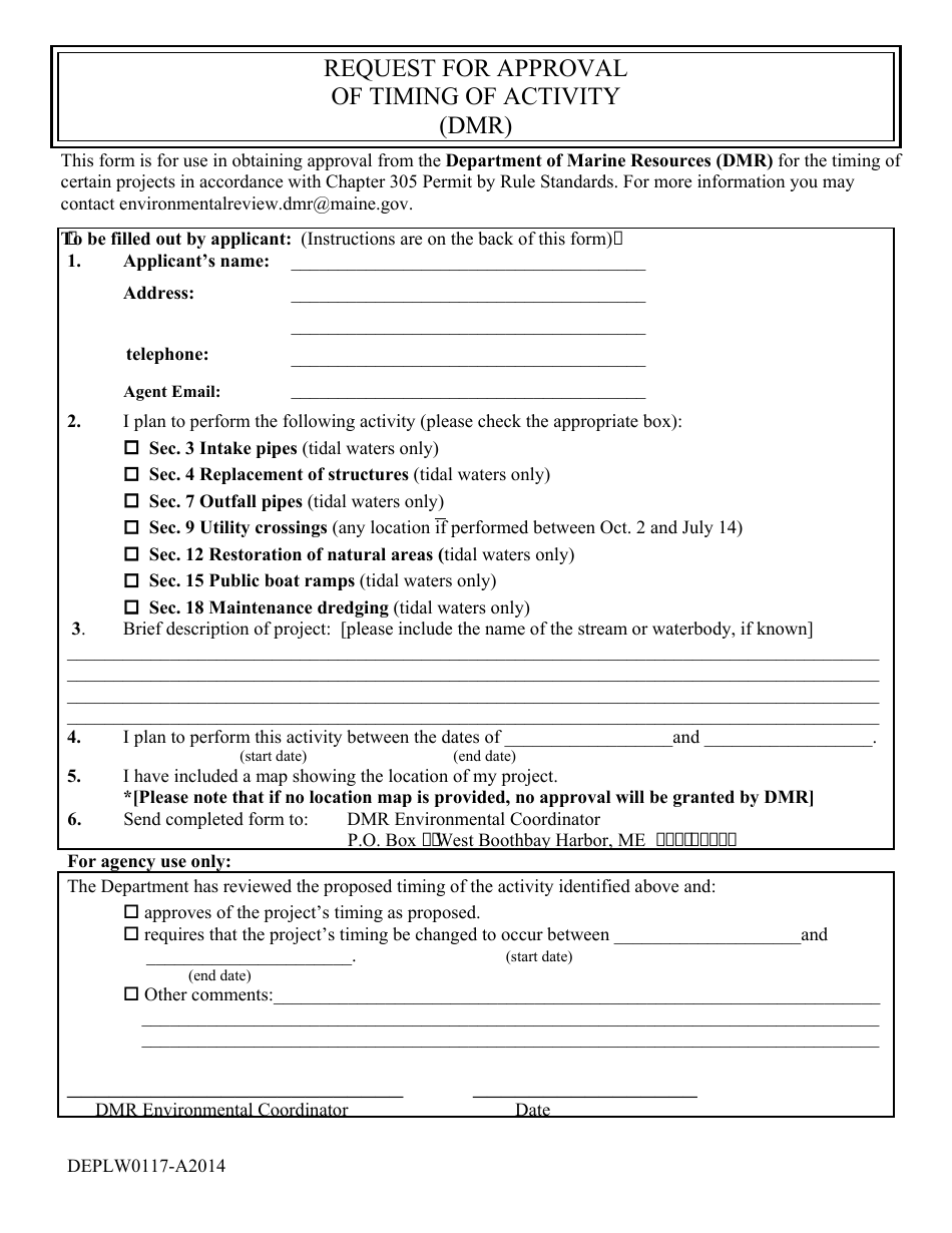 Form DEPLW0117-A2014 Request for Approval of Timing of Activity (Dmr) - Maine, Page 1