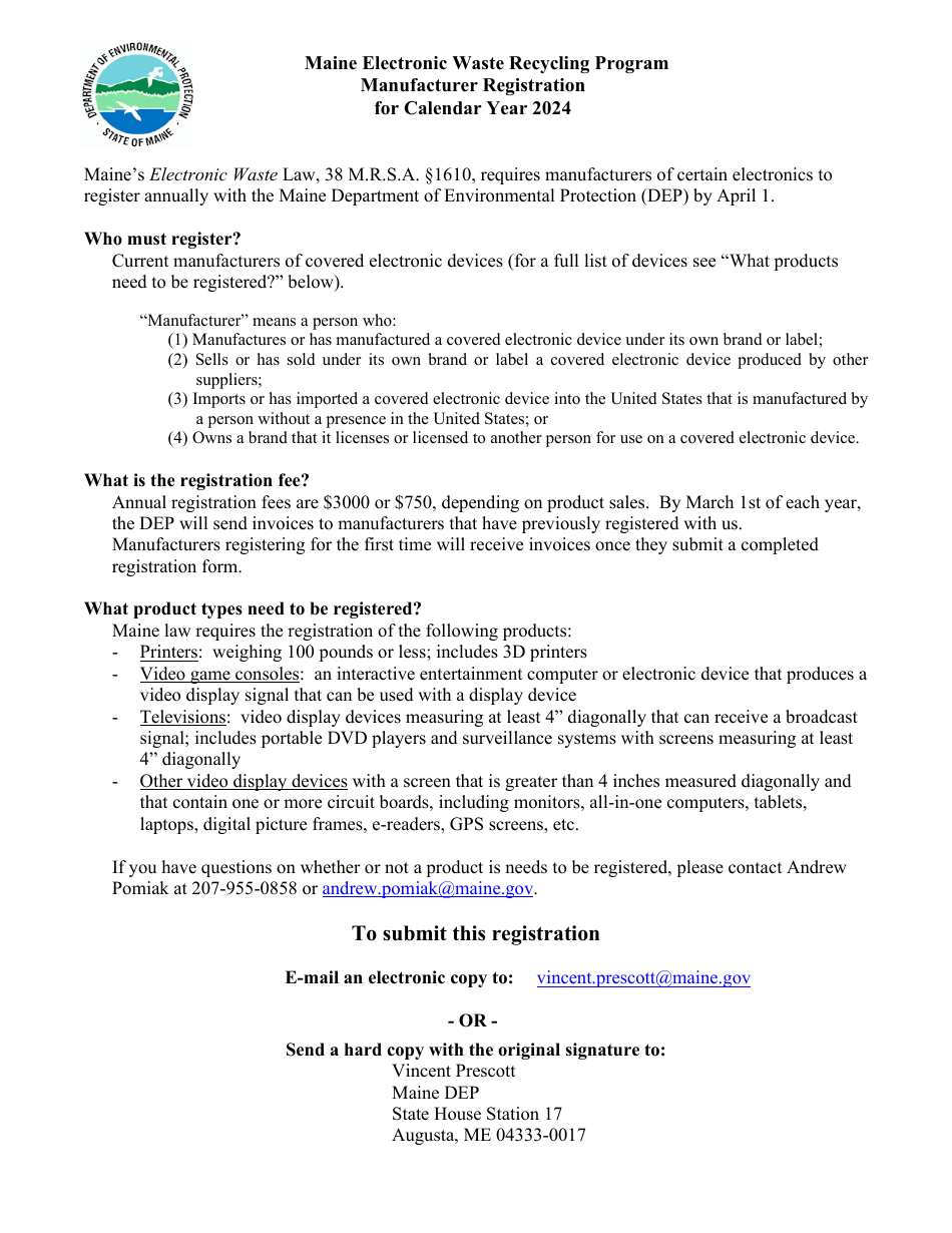 Manufacturer Registration - Maine Electronic Waste Recycling Program - Maine, Page 1