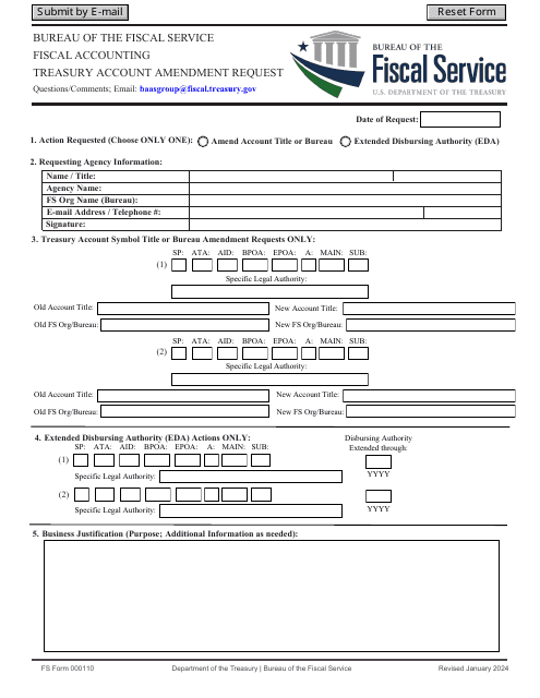 FS Form 000110 Treasury Account Amendment Request