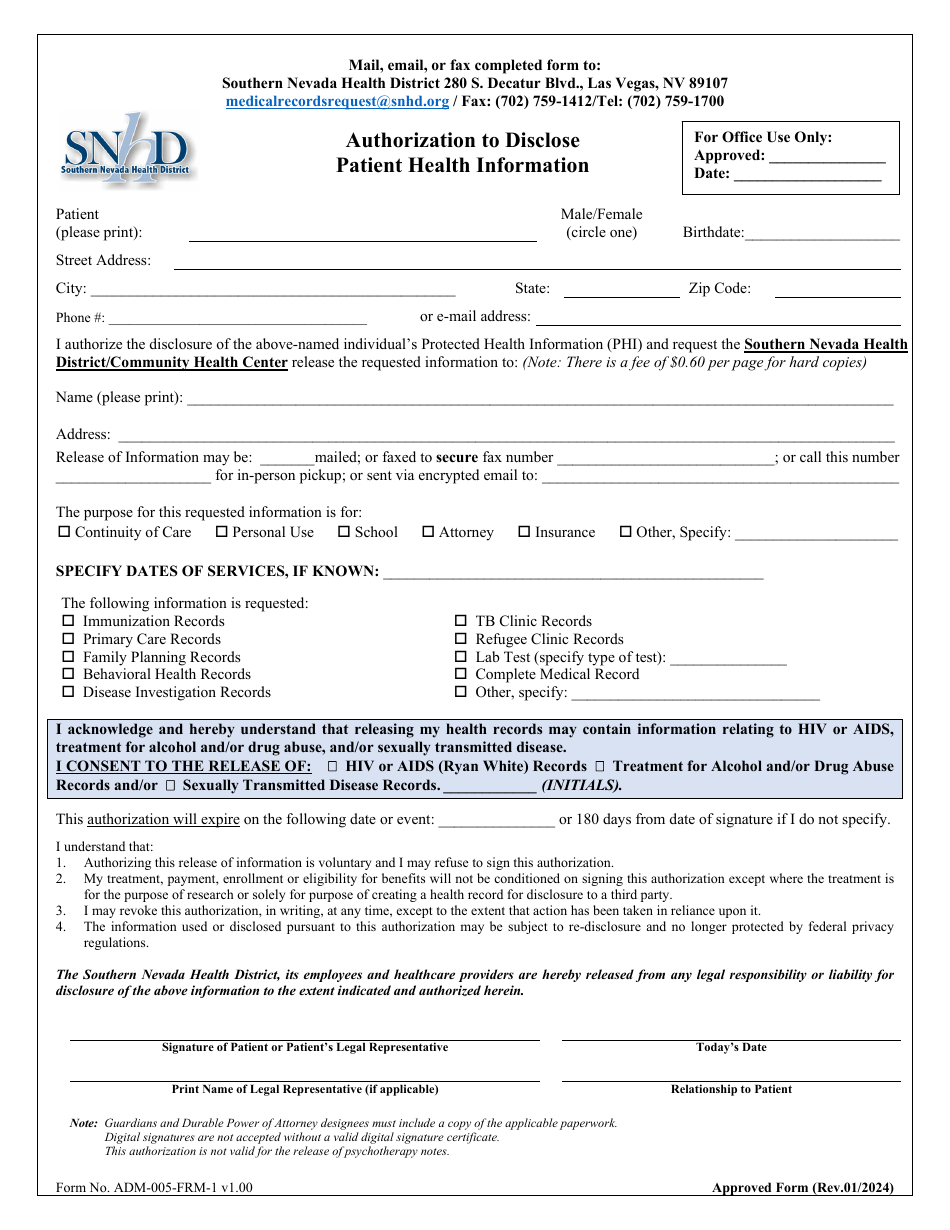 Form ADM-005-FRM-1 Authorization to Disclose Patient Health Information - Nevada, Page 1