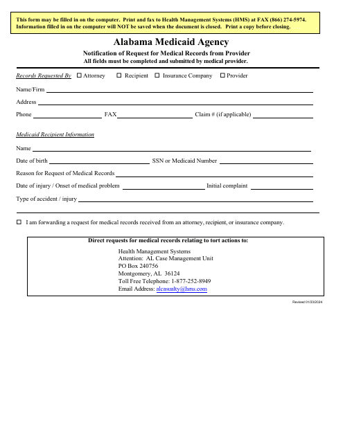 Notification of Request for Medical Records From Provider - Alabama Download Pdf