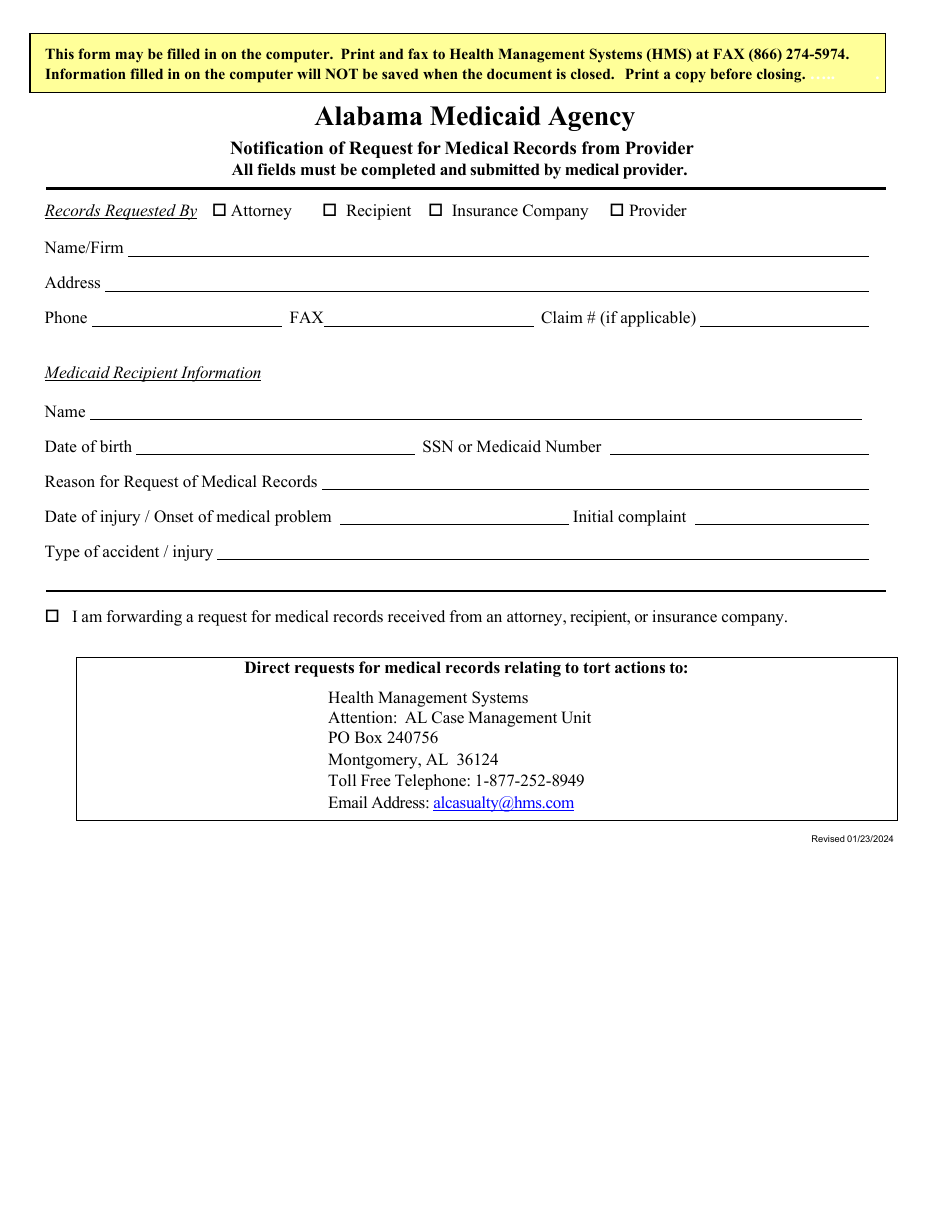 Notification of Request for Medical Records From Provider - Alabama, Page 1