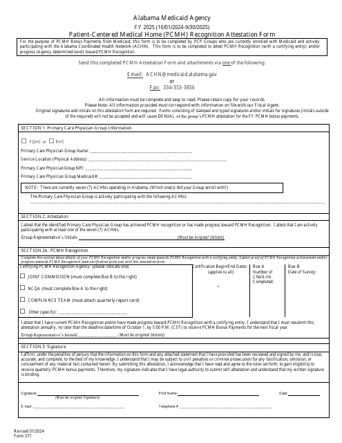 Form 377 Patient-Centered Medical Home (Pcmh) Recognition Attestation Form - Alabama, 2025