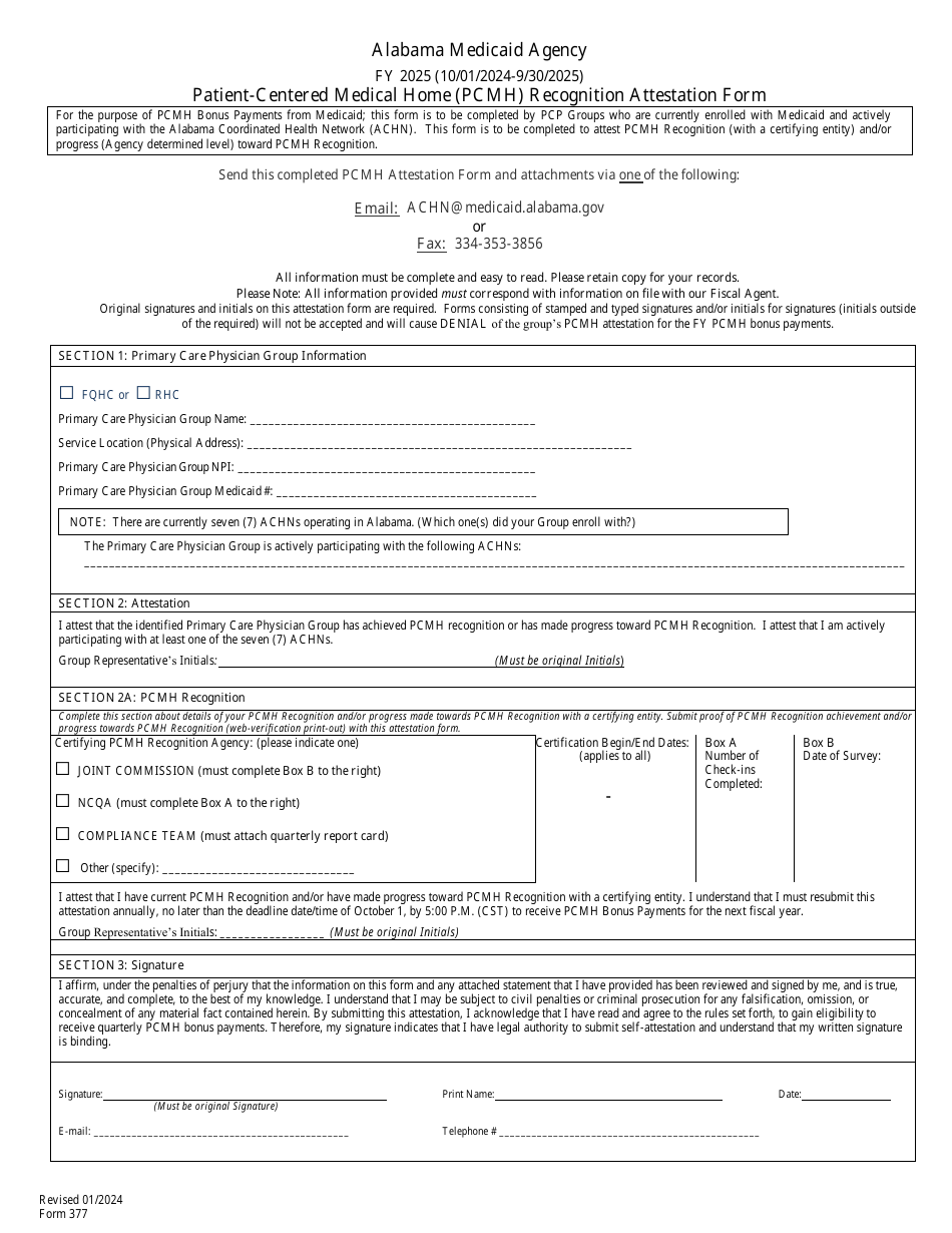 Form 377 Patient-Centered Medical Home (Pcmh) Recognition Attestation Form - Alabama, Page 1