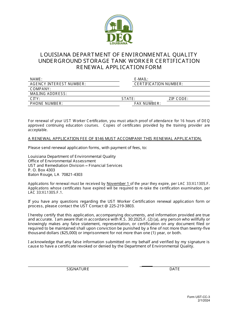 Form UST-CC-3 Underground Storage Tank Worker Certification Renewal Application Form - Louisiana, Page 1
