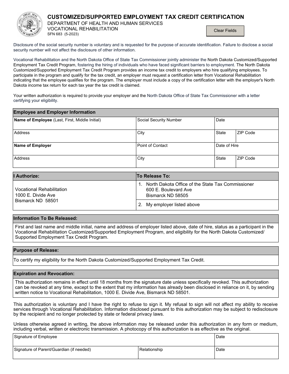 Form SFN683 Customized / Supported Employment Tax Credit Certification - North Dakota, Page 1