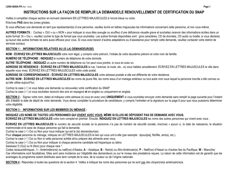 Instructions for Form LDSS-4826 Supplemental Nutrition Assistance Program (Snap) Application / Recertification - New York (French), Page 3