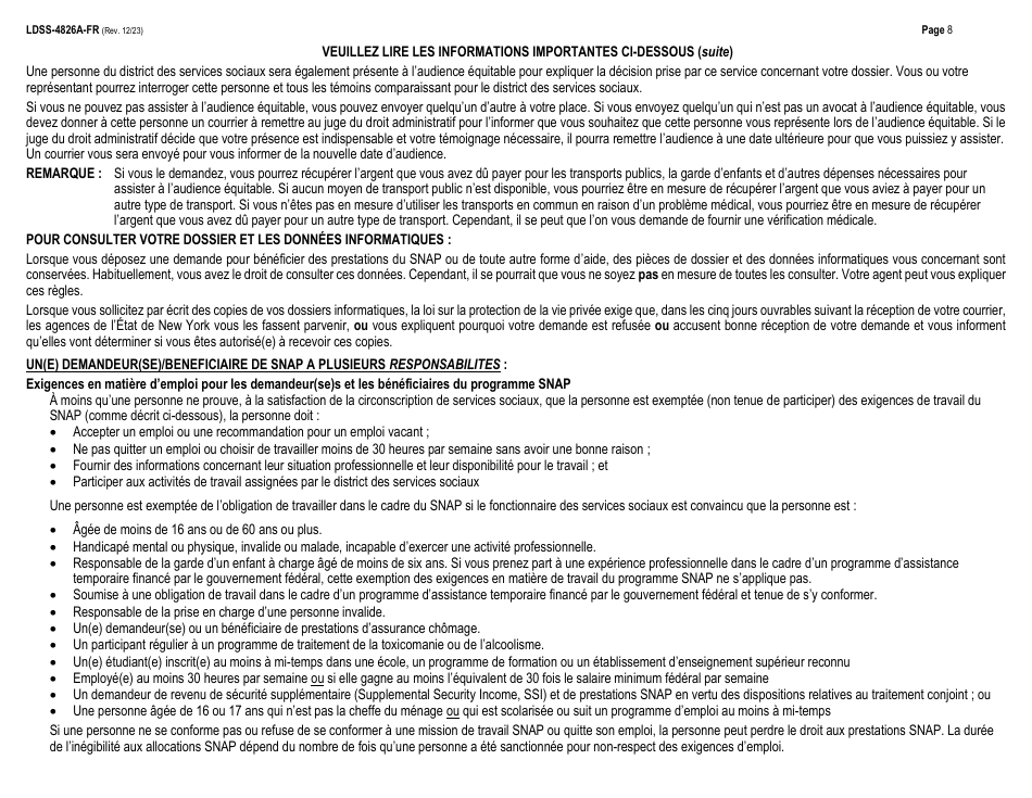 Instructions for Form LDSS-4826 Supplemental Nutrition Assistance Program (Snap) Application / Recertification - New York (French), Page 8