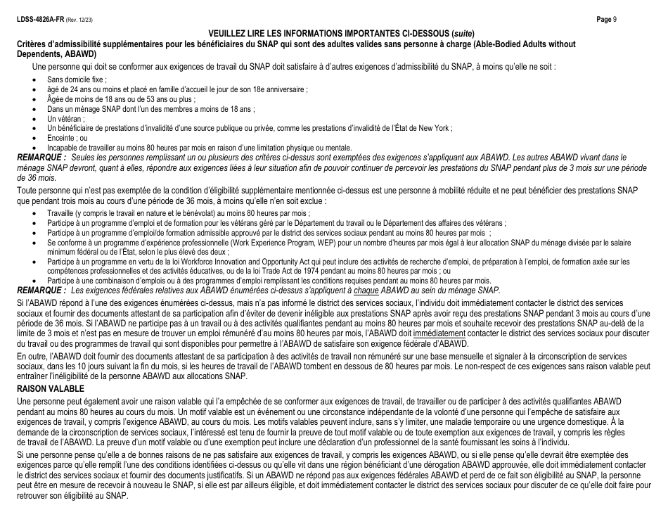 Instructions for Form LDSS-4826 Supplemental Nutrition Assistance Program (Snap) Application / Recertification - New York (French), Page 9