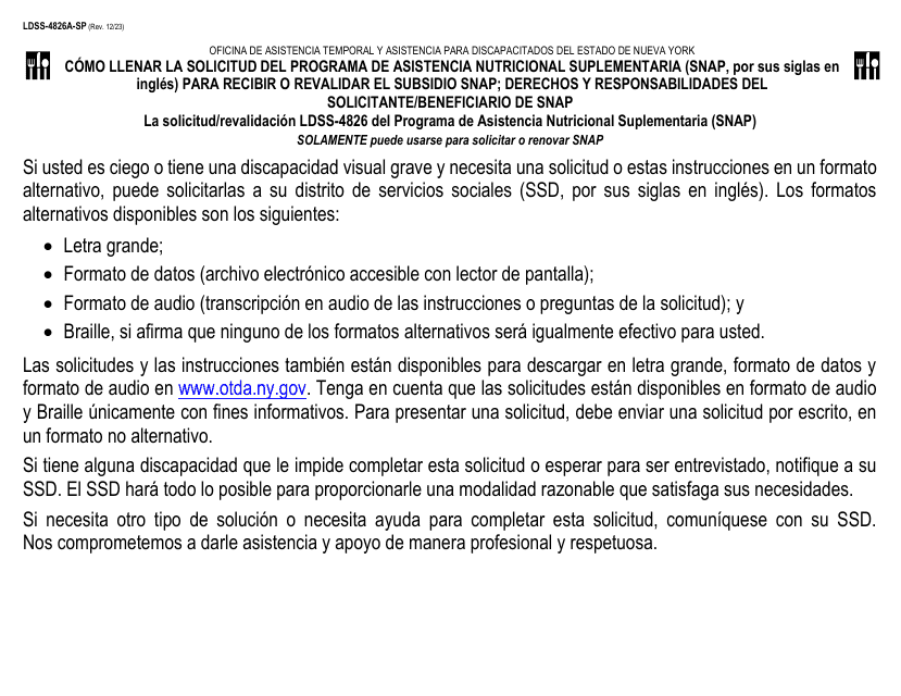 Instrucciones para Formulario LDSS-4826 Solicitud/Revalidacion Para El Programa De Asistencia Nutricional Suplementaria (Snap) - New York (Spanish)