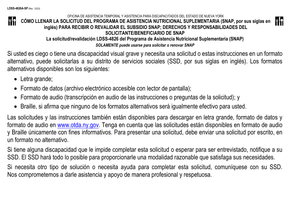 Instrucciones para Formulario LDSS-4826 Solicitud / Revalidacion Para El Programa De Asistencia Nutricional Suplementaria (Snap) - New York (Spanish), Page 1