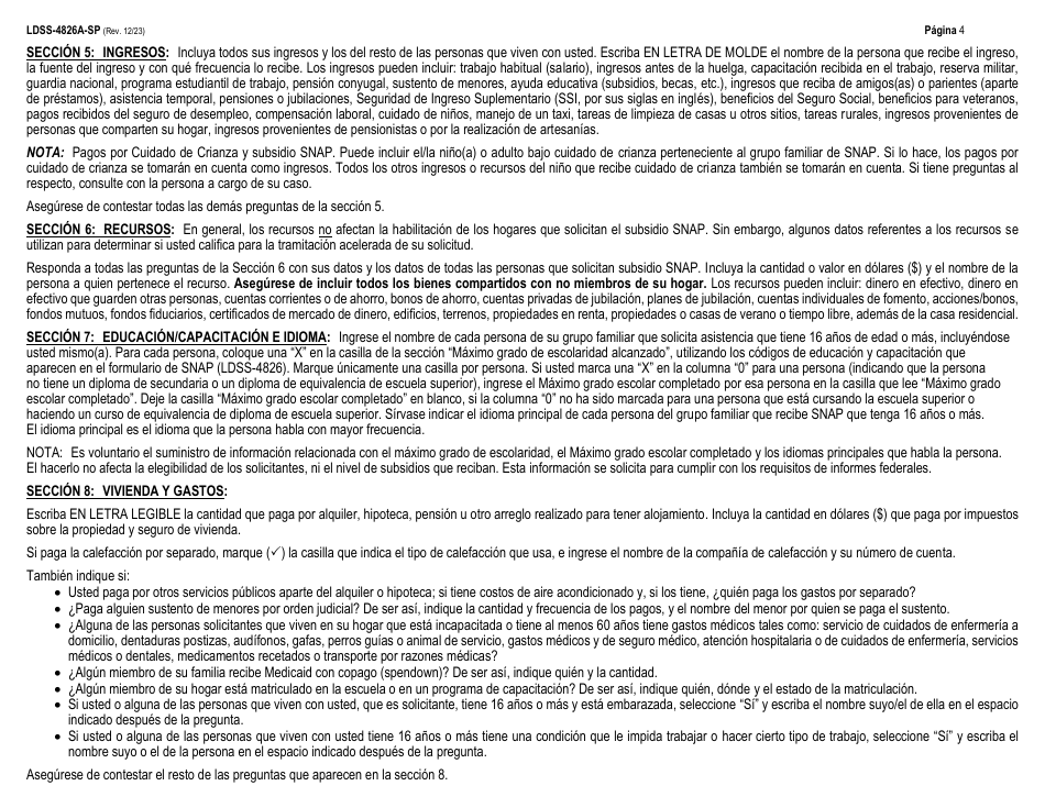 Instrucciones para Formulario LDSS-4826 Solicitud / Revalidacion Para El Programa De Asistencia Nutricional Suplementaria (Snap) - New York (Spanish), Page 4