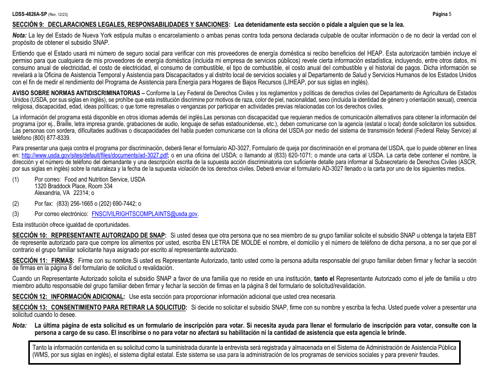 Instrucciones para Formulario LDSS-4826 Solicitud / Revalidacion Para El Programa De Asistencia Nutricional Suplementaria (Snap) - New York (Spanish), Page 5
