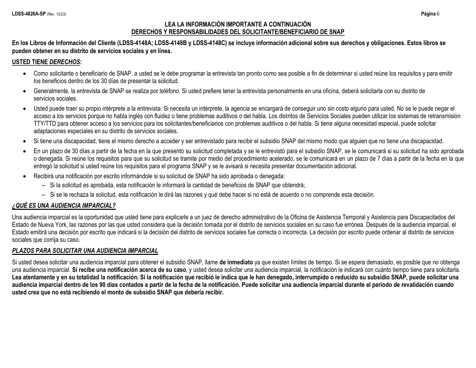 Instrucciones para Formulario LDSS-4826 Solicitud / Revalidacion Para El Programa De Asistencia Nutricional Suplementaria (Snap) - New York (Spanish), Page 6