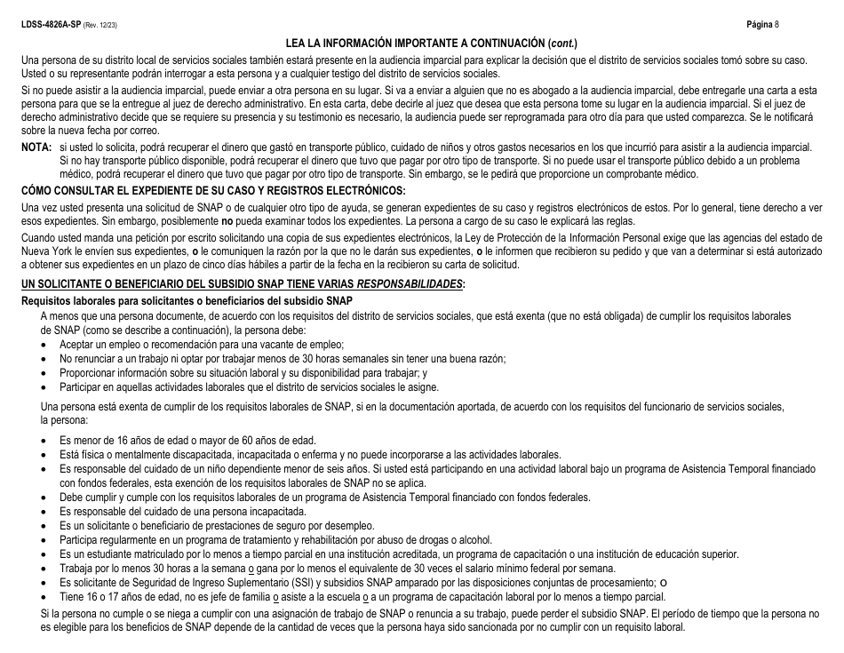 Instrucciones para Formulario LDSS-4826 Solicitud / Revalidacion Para El Programa De Asistencia Nutricional Suplementaria (Snap) - New York (Spanish), Page 8