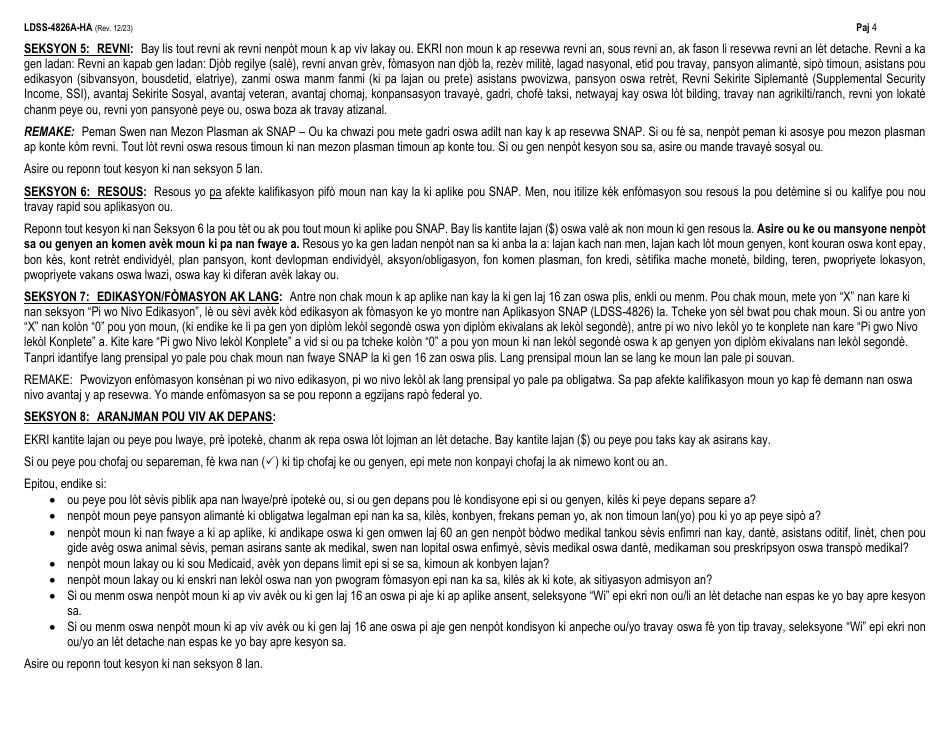 Instructions for Form LDSS-4826 Supplemental Nutrition Assistance Program (Snap) Application / Recertification - New York (Haitian Creole), Page 4