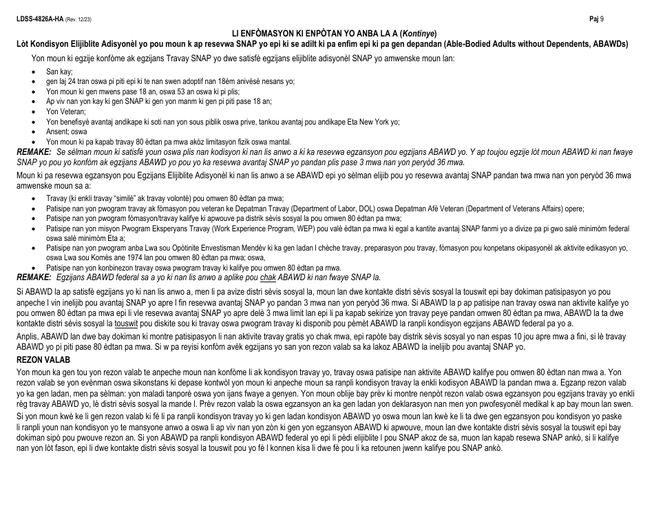 Instructions for Form LDSS-4826 Supplemental Nutrition Assistance Program (Snap) Application / Recertification - New York (Haitian Creole), Page 9