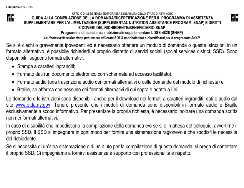 Instructions for Form LDSS-4826 Supplemental Nutrition Assistance Program (Snap) Application/Recertification - New York (Italian)