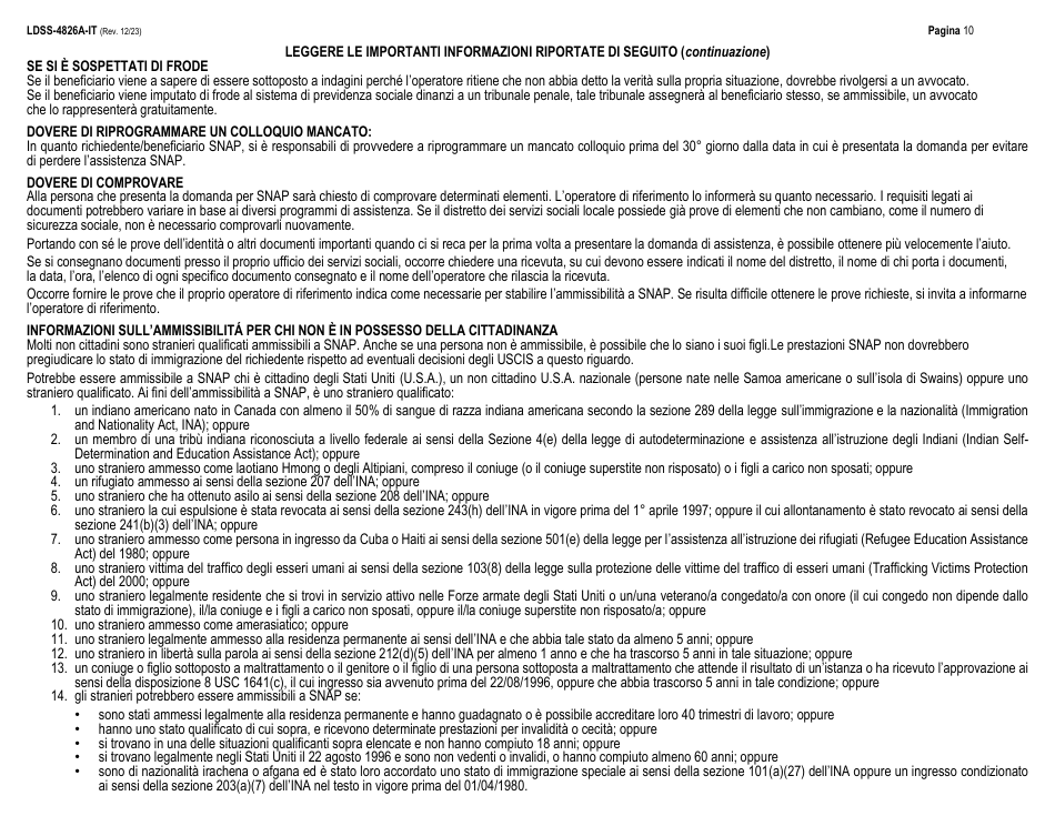 Instructions for Form LDSS-4826 Supplemental Nutrition Assistance Program (Snap) Application / Recertification - New York (Italian), Page 10