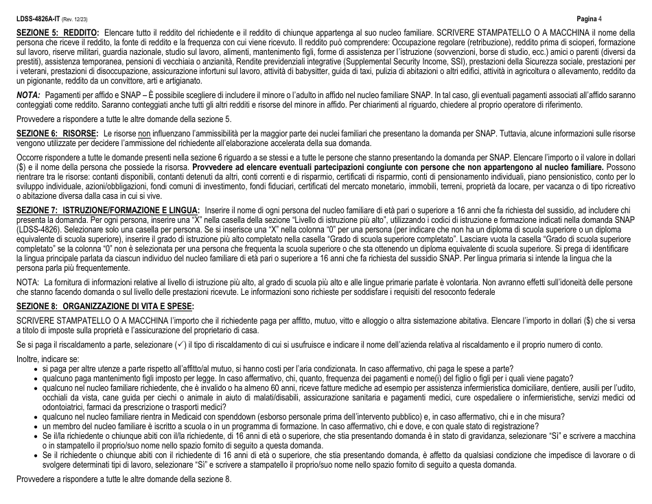Instructions for Form LDSS-4826 Supplemental Nutrition Assistance Program (Snap) Application / Recertification - New York (Italian), Page 4