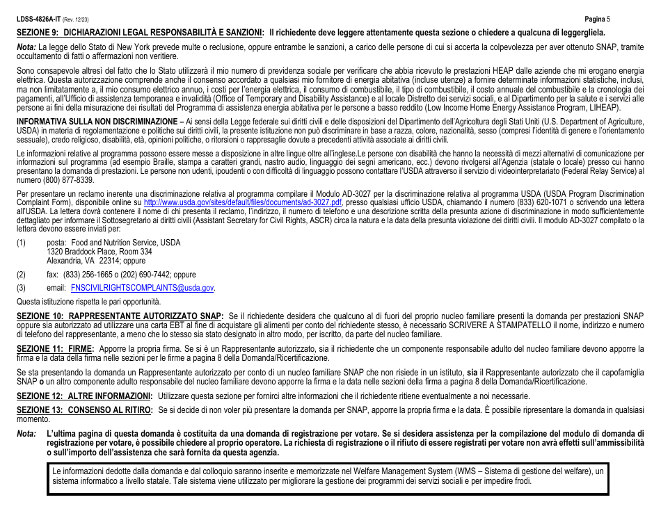 Instructions for Form LDSS-4826 Supplemental Nutrition Assistance Program (Snap) Application / Recertification - New York (Italian), Page 5