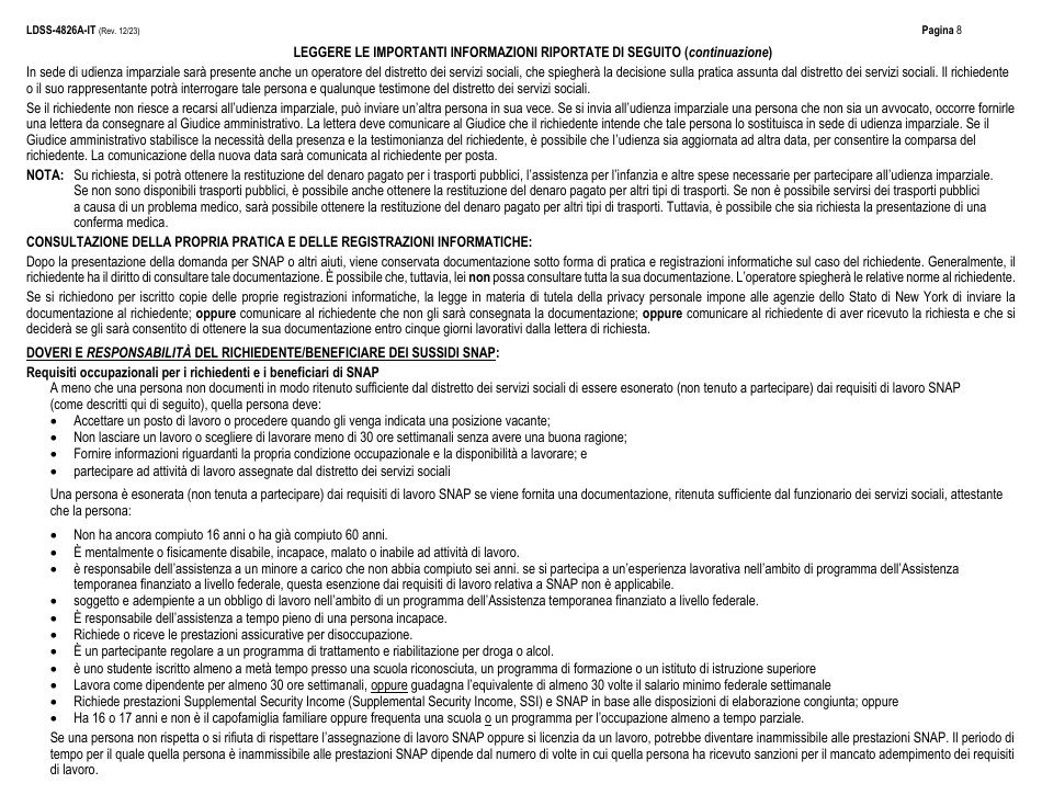 Instructions for Form LDSS-4826 Supplemental Nutrition Assistance Program (Snap) Application / Recertification - New York (Italian), Page 8