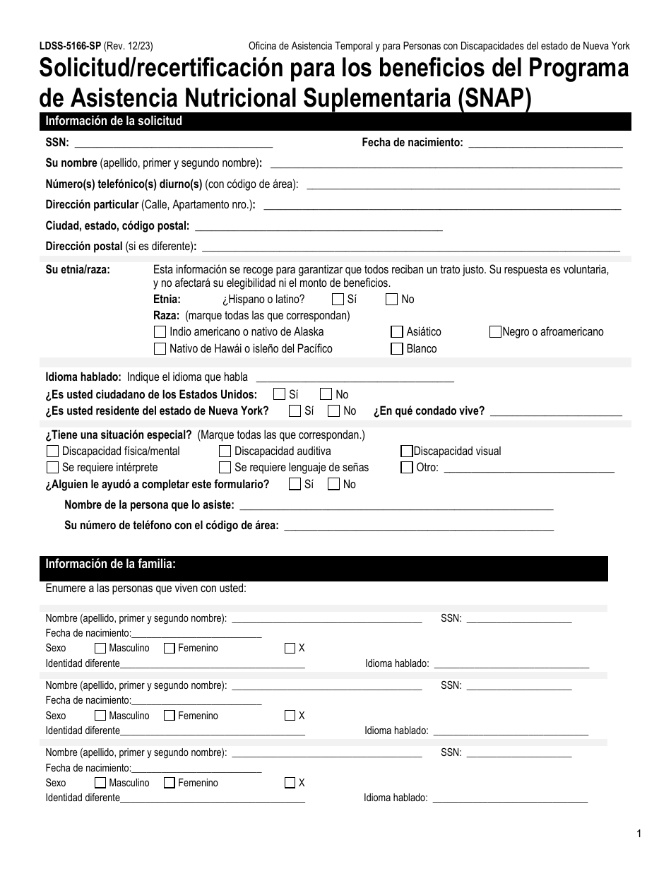 Formulario LDSS-5166 Solicitud / Recertificacion Para Los Beneficios Del Programa De Asistencia Nutricional Suplementaria (Snap) - New York (Spanish), Page 3