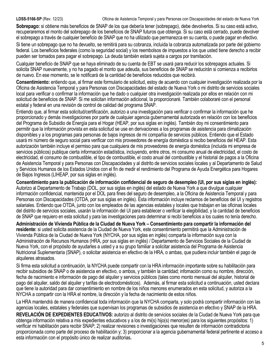 Formulario LDSS-5166 Solicitud / Recertificacion Para Los Beneficios Del Programa De Asistencia Nutricional Suplementaria (Snap) - New York (Spanish), Page 7