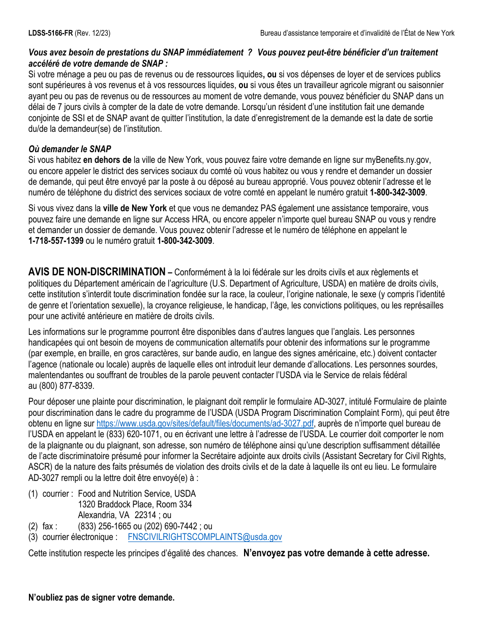 Form LDSS-5166 Application / Recertification for Supplemental Nutrition Assistance Program (Snap) Benefits - New York (French), Page 2