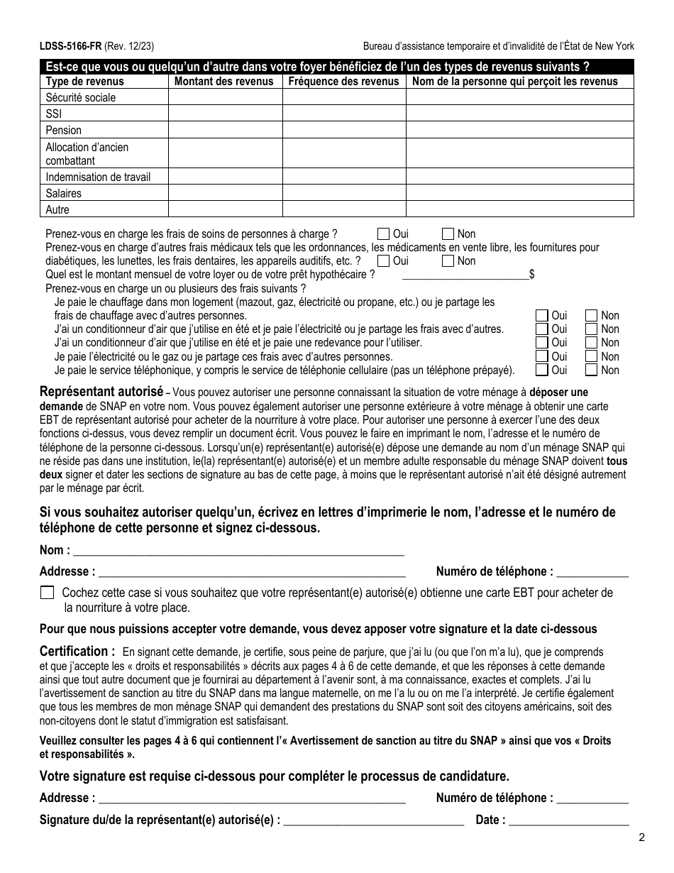 Form LDSS-5166 Application / Recertification for Supplemental Nutrition Assistance Program (Snap) Benefits - New York (French), Page 4