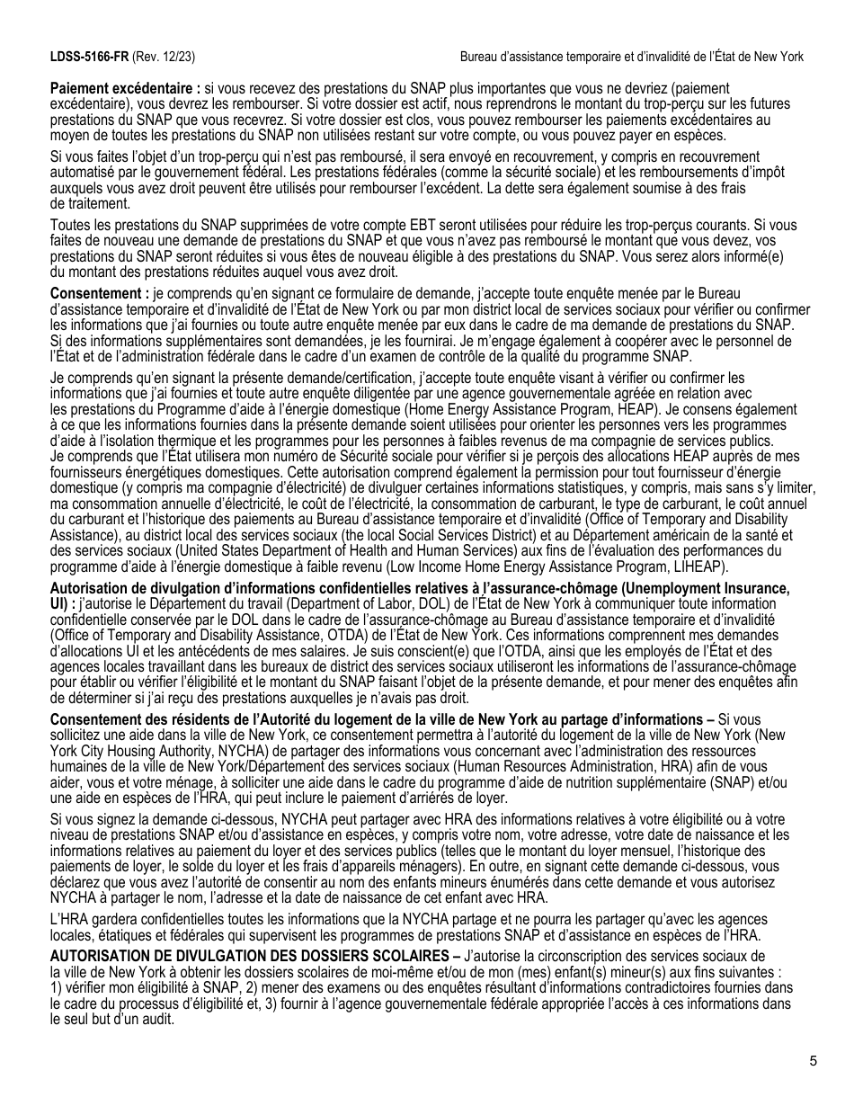 Form LDSS-5166 Application / Recertification for Supplemental Nutrition Assistance Program (Snap) Benefits - New York (French), Page 7