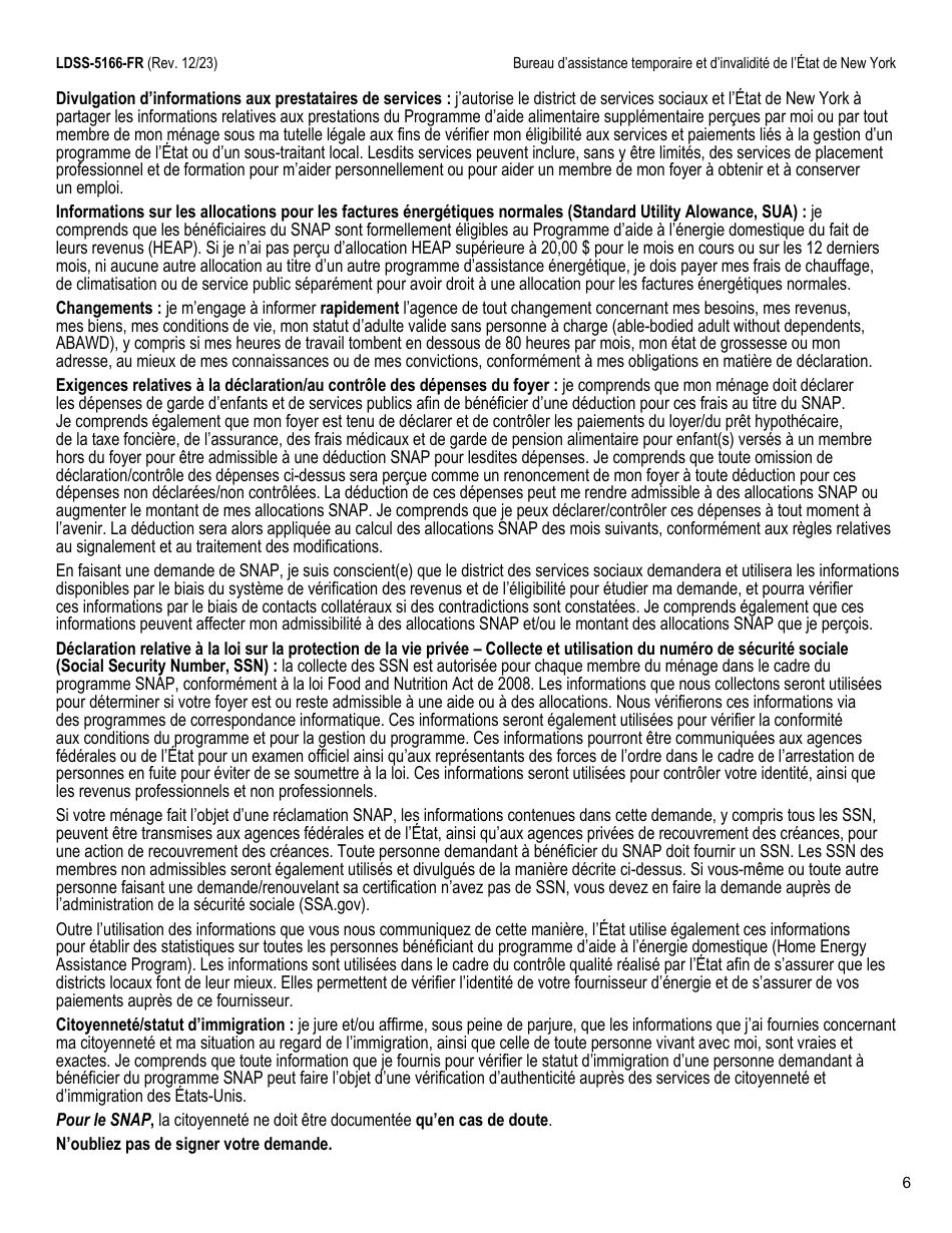 Form LDSS-5166 Application / Recertification for Supplemental Nutrition Assistance Program (Snap) Benefits - New York (French), Page 8