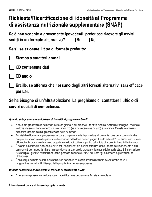 Form LDSS-5166 Application/Recertification for Supplemental Nutrition Assistance Program (Snap) Benefits - New York (Italian)