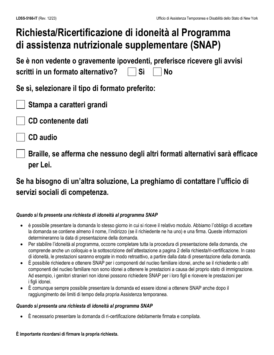 Form LDSS-5166 Application / Recertification for Supplemental Nutrition Assistance Program (Snap) Benefits - New York (Italian), Page 1