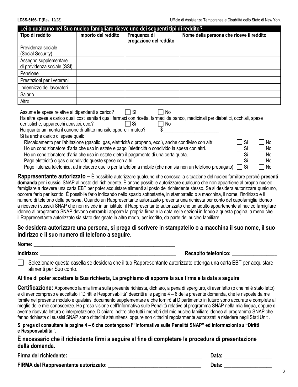 Form LDSS-5166 Application / Recertification for Supplemental Nutrition Assistance Program (Snap) Benefits - New York (Italian), Page 4