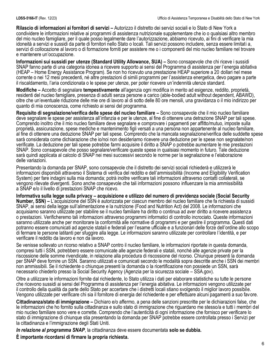Form LDSS-5166 Application / Recertification for Supplemental Nutrition Assistance Program (Snap) Benefits - New York (Italian), Page 8