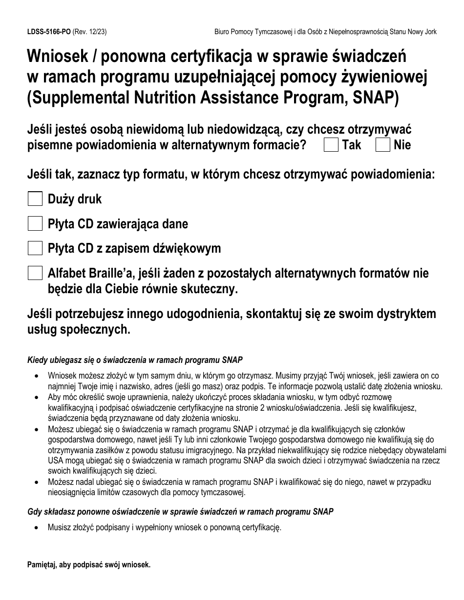 Form LDSS-5166 Application / Recertification for Supplemental Nutrition Assistance Program (Snap) Benefits - New York (Polish), Page 1