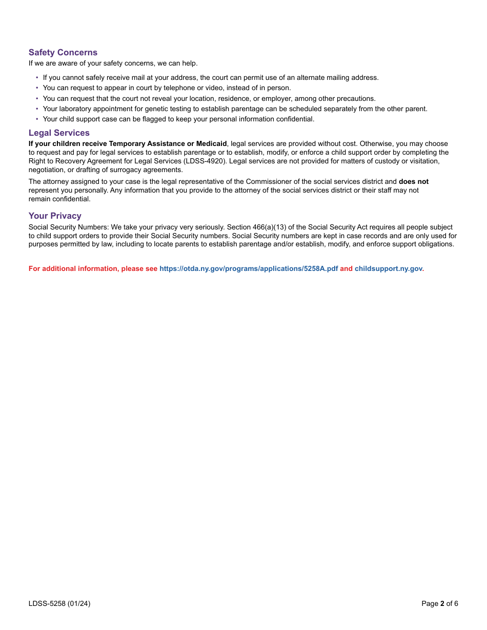 Form LDSS-5258 Child Support Enrollment Form - New York, Page 2