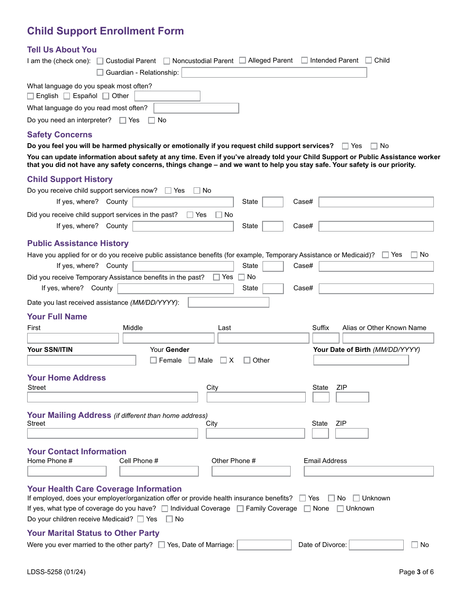 Form LDSS-5258 Child Support Enrollment Form - New York, Page 3